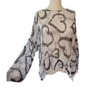 Charlie B Open Knit Heart Sweater NWT | Oversized Mesh Top White Black XL